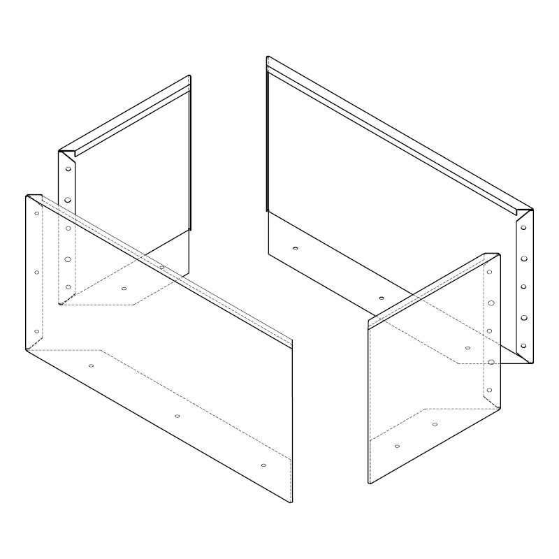 Vue technique filaire du bac rectangulaire sans fond.